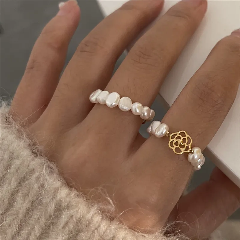 

OUYE Golden Flower Natural Freshwater Pearl Beaded Stacking Ring Exquisite Sense of All-match Cute Ring Female, Picture