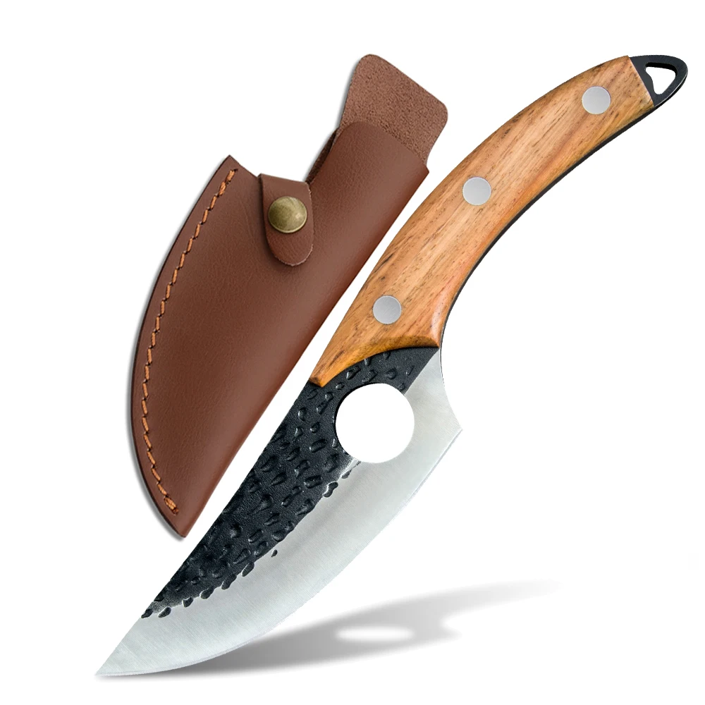 

Hot Sale Hollow Design Boning Kitchen Knife Full Tang 5.5mm Ultra Thick Hunting Outdoor Knife Slaughter With Leather Sheath