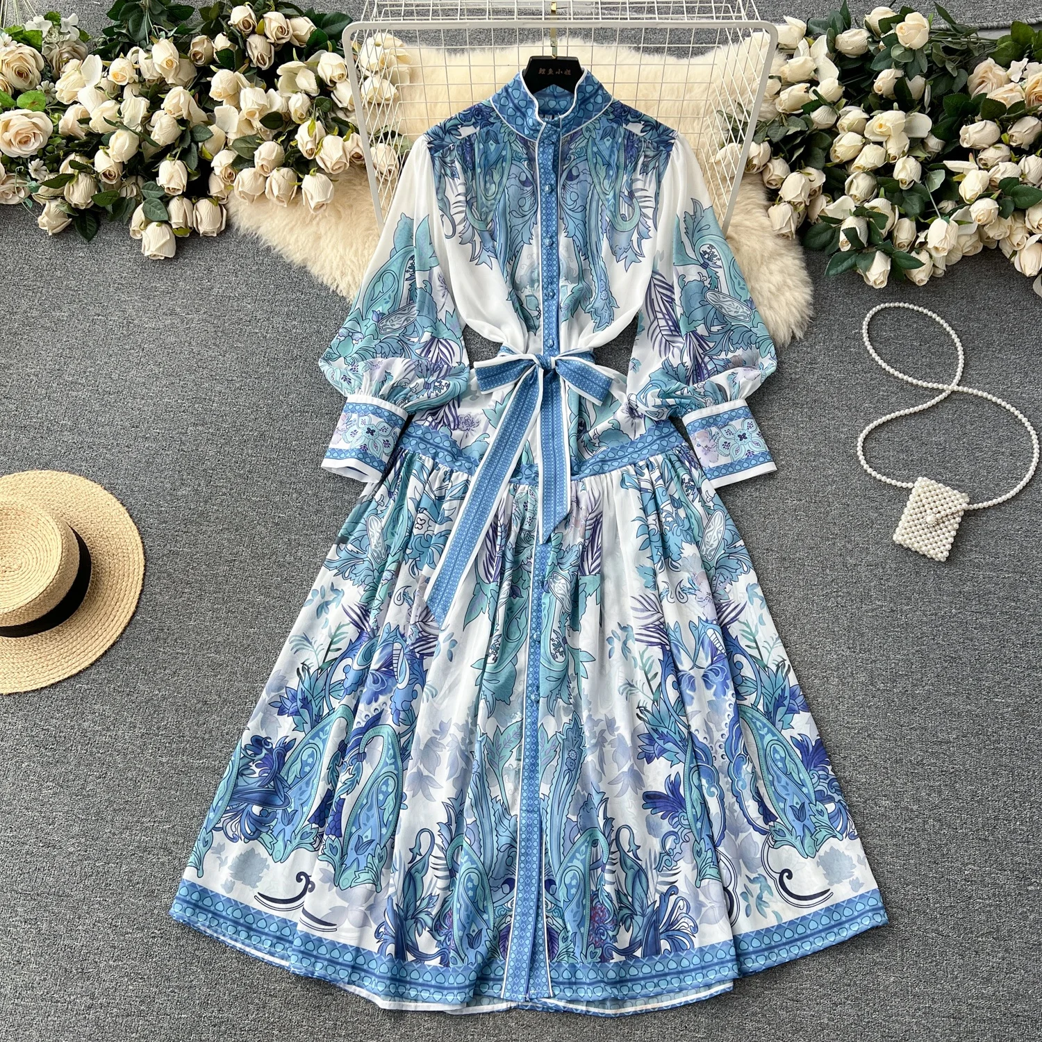 

European and American style palace retro style lantern sleeve printed dress for women single breasted large swing skirt