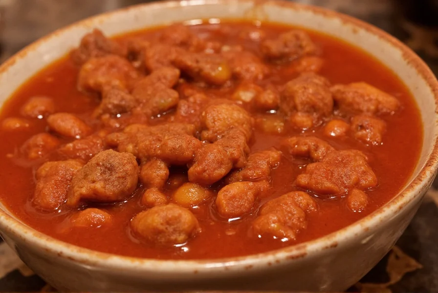 Close-up of authentic Texas red chili in a bowl showing rich color and visible meat chunks