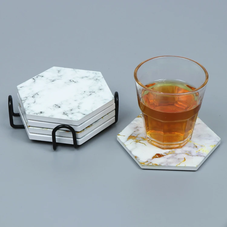 

Hot selling kitchen coffee tea beer hexagon marble style design mug coaster ceramic set with holder cup mat and pads
