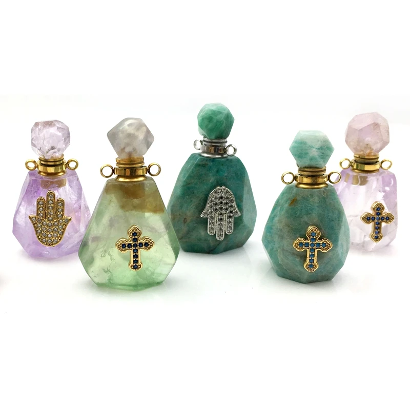 

Small design Pave CZ fluorite Amazon Diffuser Rainbow natural parfum Gemstone Perfume Bottle gold plated charms Jewelry, Multi