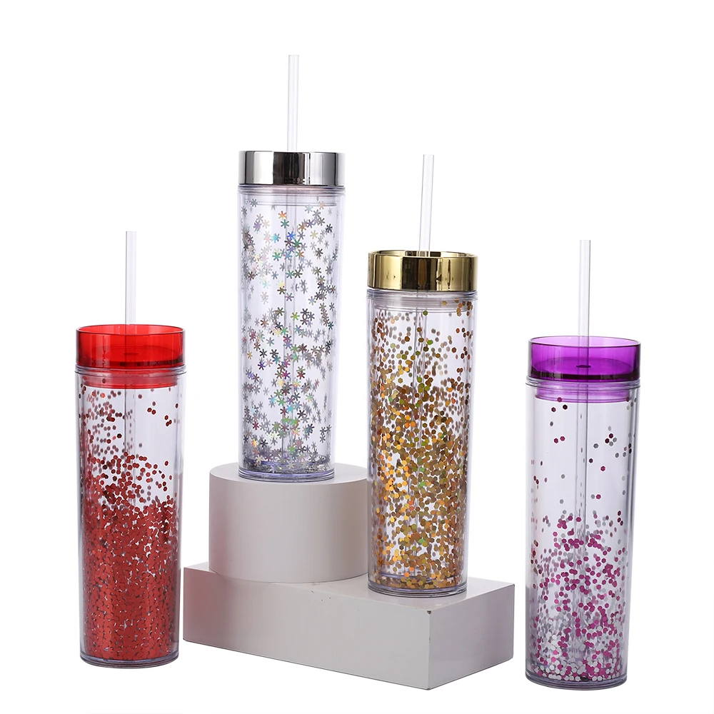 

16oz glitter acrylic double wall tumbler plastic with straw wholesale, Any color is available