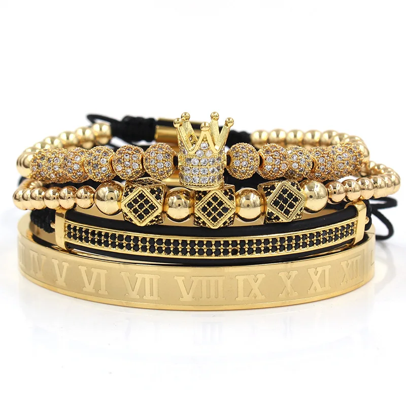 

Luxury 4Pcs/Set Men's Gold Crown Bracelet Roman Numerals Engraved Bangle CZ Crown Braided Men Bracelet, Picture