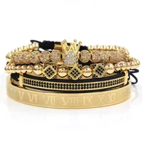 

Luxury 4Pcs/Set Men's Gold Crown Bracelet Roman Numerals Engraved Bangle CZ Crown Braided Men Bracelet
