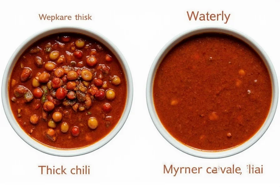 Side-by-side comparison of properly thick chili versus watery chili in serving bowls, showing texture difference