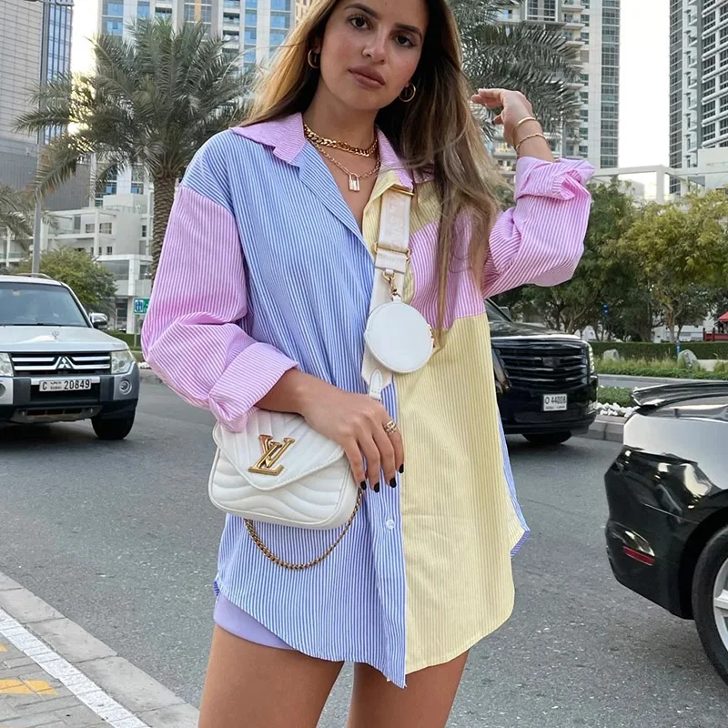 

2021 Women's Shirt Contrast Color Patchwork Blouses And Shirts Single-breasted Women Clothing Top Oversized Tops Hawaiian Shirt