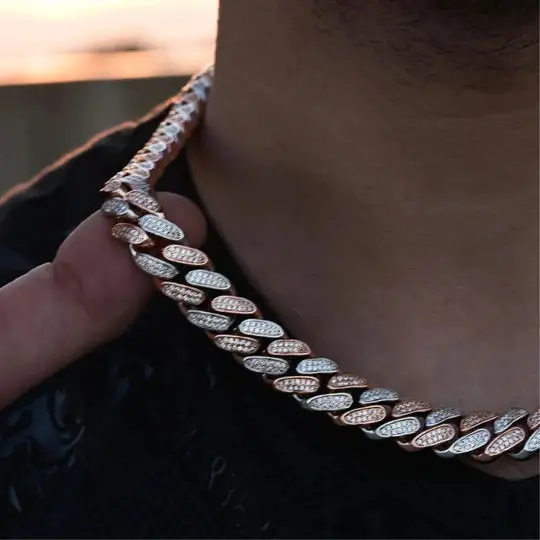 

12mm classic Miami cuban link chain silver rose gold plated iced out bling hip hop men two tone cuban necklace