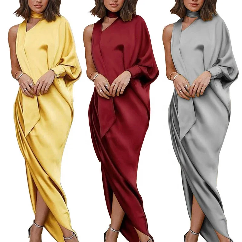 

Aselnn Long Dress Sexy Side Split One Shoulder Wrap Irregular Women Evening Party Dress Elegant