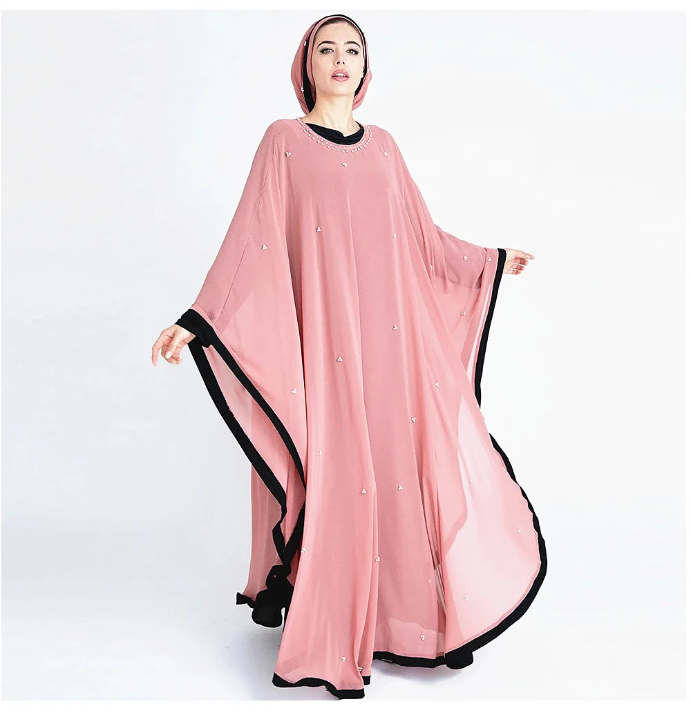 

Mesh Beading Contrast Color Muslim Islamic Gown Maxi Dress, Pink
