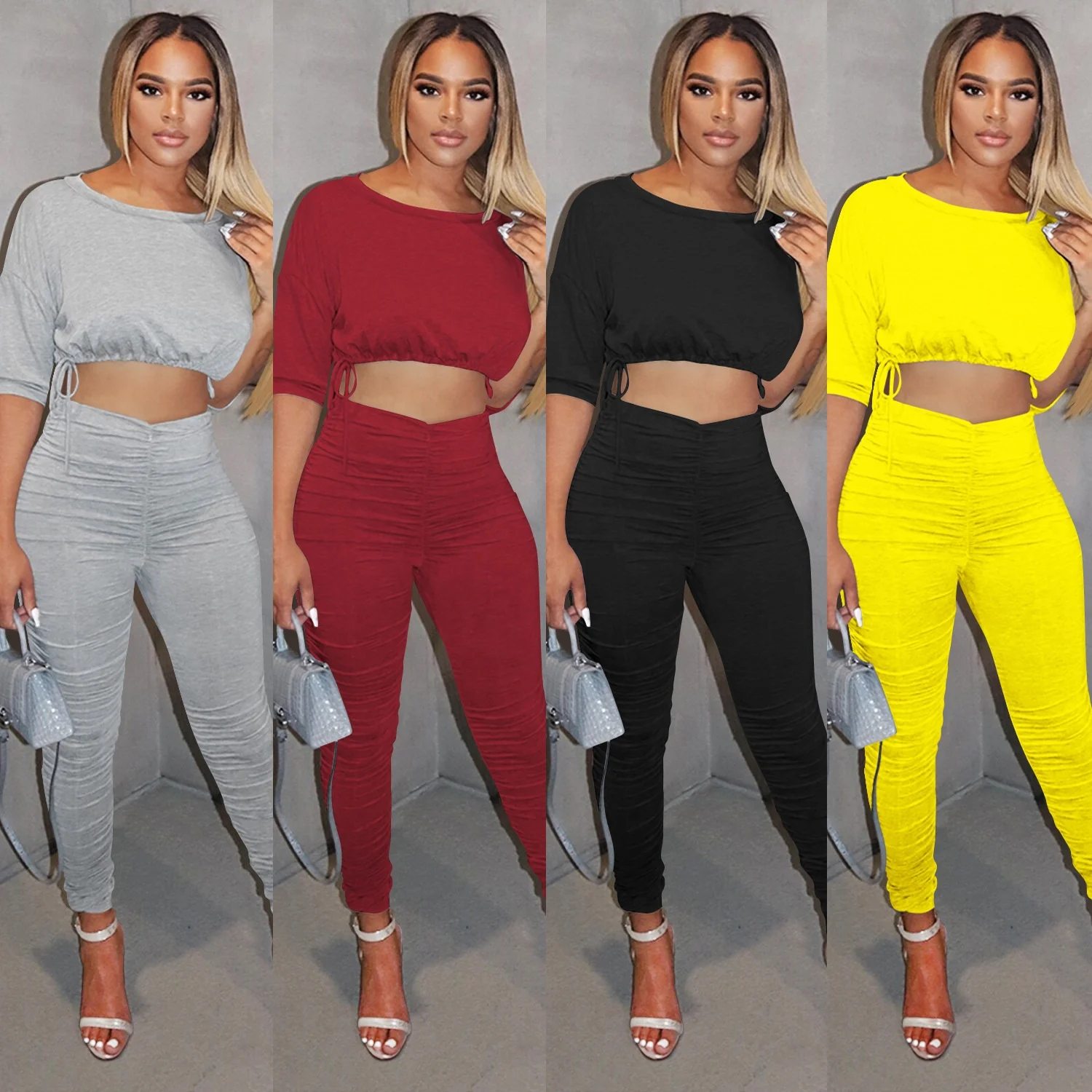 

2021 New Fall Sports Pleated Track Pants Drawstring Blouse Ladies Suit Women Two Piece Pants Set