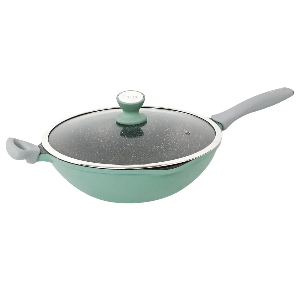 

New Arrival JEETEE  Chinese aluminum die cast granite coating induction bottom non stick wok pan with lid