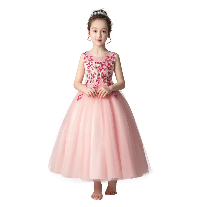 

Pink embroidery beads tulle flower girls long dresses wedding 2019 RL190322, Pink;blue