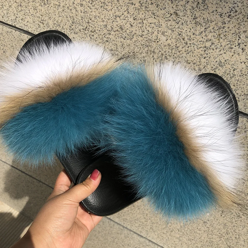 
New designer slides for women fox fur slippers 