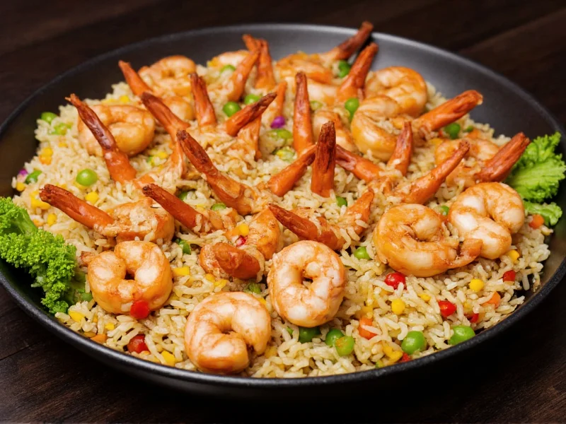 Colorful homemade hibachi platter with rice and shrimp