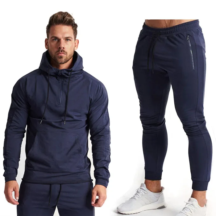 

High Performance Men Solid Color Fashion Tracksuit Winter Cotton Casual Sports Fitness Hooded Sweater Pants Two Piece Set, As picture