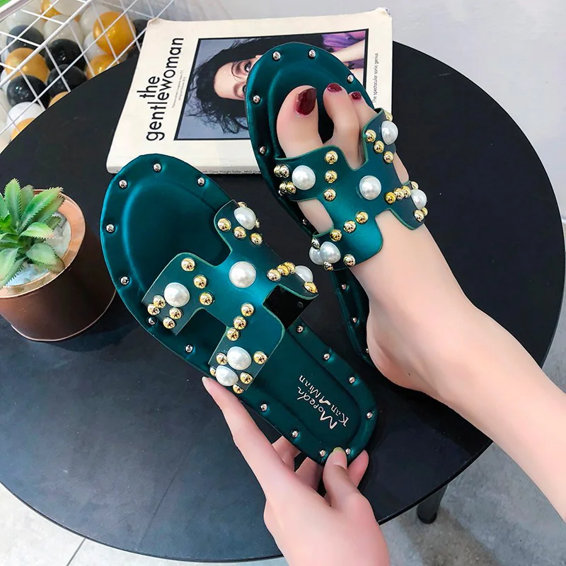 

Lazy shoes summer slippers women leather rhinestone Non-slip ladies casual slippers woman beach shoes