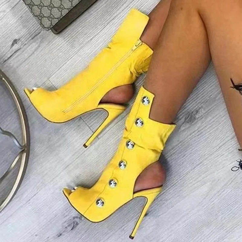 

Summer Autumn Open Toe Heel Boots Fashion Irregular Cut Rivets Side Zip Ankle Boots Light Short Sexy Booty Women Shoes Size 44, Black white yellow