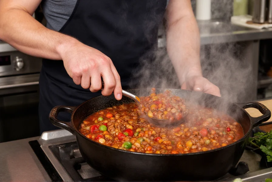 Professional chef preparing authentic texas style chili recipe in cast iron pot with fresh ingredients