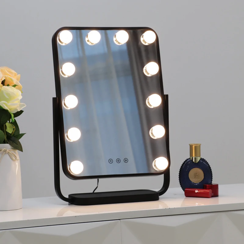 

360 Degree Rotatable White Metal Frame Free Standing Touch Screen Hollywood Led Make Up Portable Vanity Mirror With Light