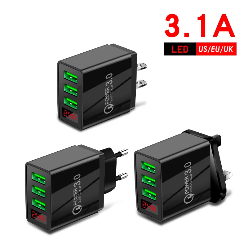 

US EU UK 3 USB 3A digital display fast charge phone charger USB adapter Wall Charger for iPhone 12 for Huawei