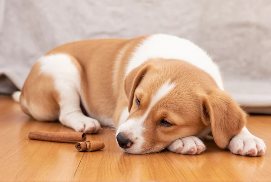 Close-up of a dog sniffing cinnamon powder with concerned expression, realistic style