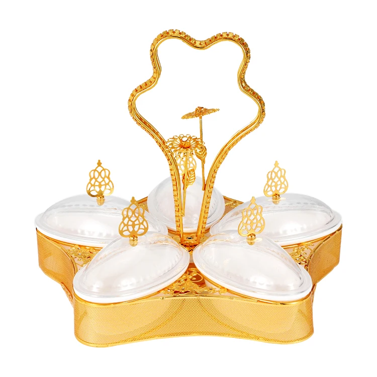 

2022 Household Table Decorative Cake Snack Dish Sweet Chocolate Candy Plates Arabic Dried Fruit Metal Holder With 6 Box, Gold