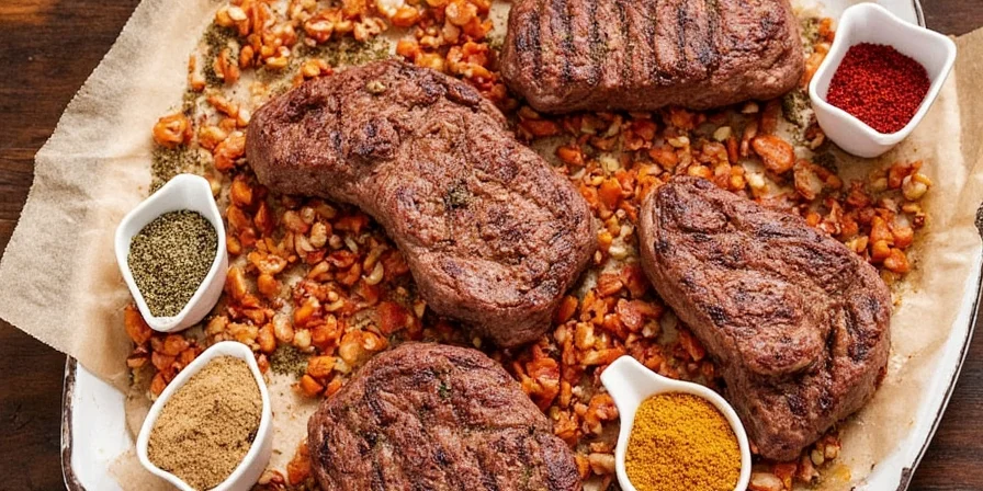 Assorted seasoned steaks plated together