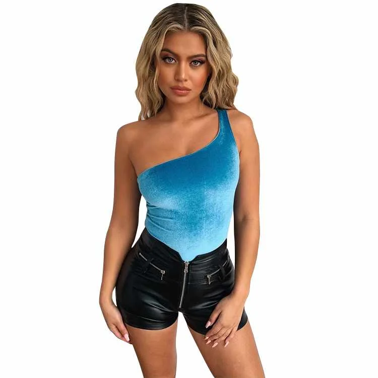 

Fashion Sexy One Shoulder One Sleeve Tops Velvet Bodysuits Shapewear Body Shaper Bodysuit for Women