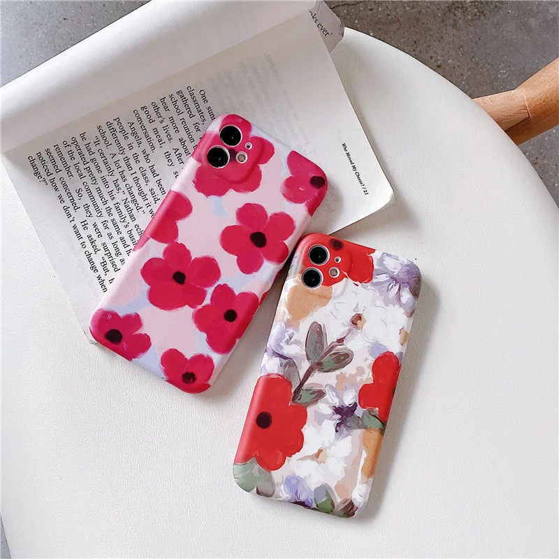 

For iPhone 11 12 Pro Max Retro Painting Flower Phone Case For iPhone XR XS Max 7 8 Plus X Camera Protection Shockproof Cover