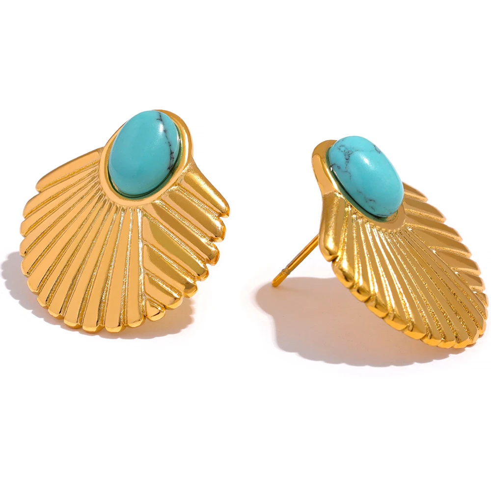 

JINYOU 709 Trendy Blue Turquoise Stone Stainless Steel Metal Shell Gold Color Stud Earrings Statement Fashion Trend Jewelry