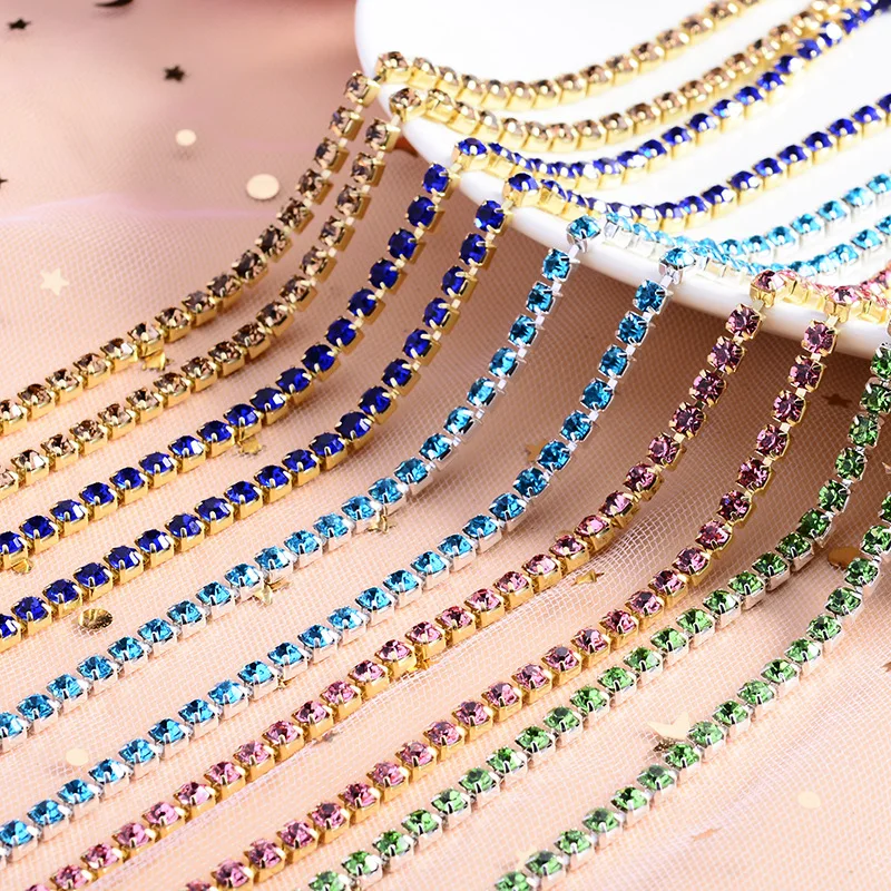 

2mm Dense Sew on Crystal Glass Rhinestone Brass Copper Cup Chains Trim for Garment Clothes Ornament