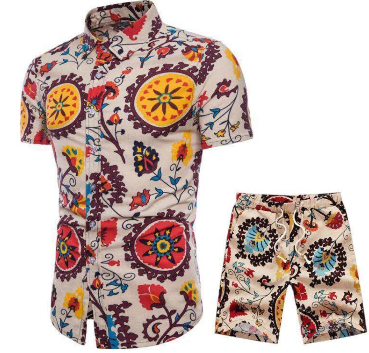 

2021New Arrival Men Summer Printed Short Sleeve Shirts And Shorts Set Beach Wear 2 Piece Set, Custom colors fabric