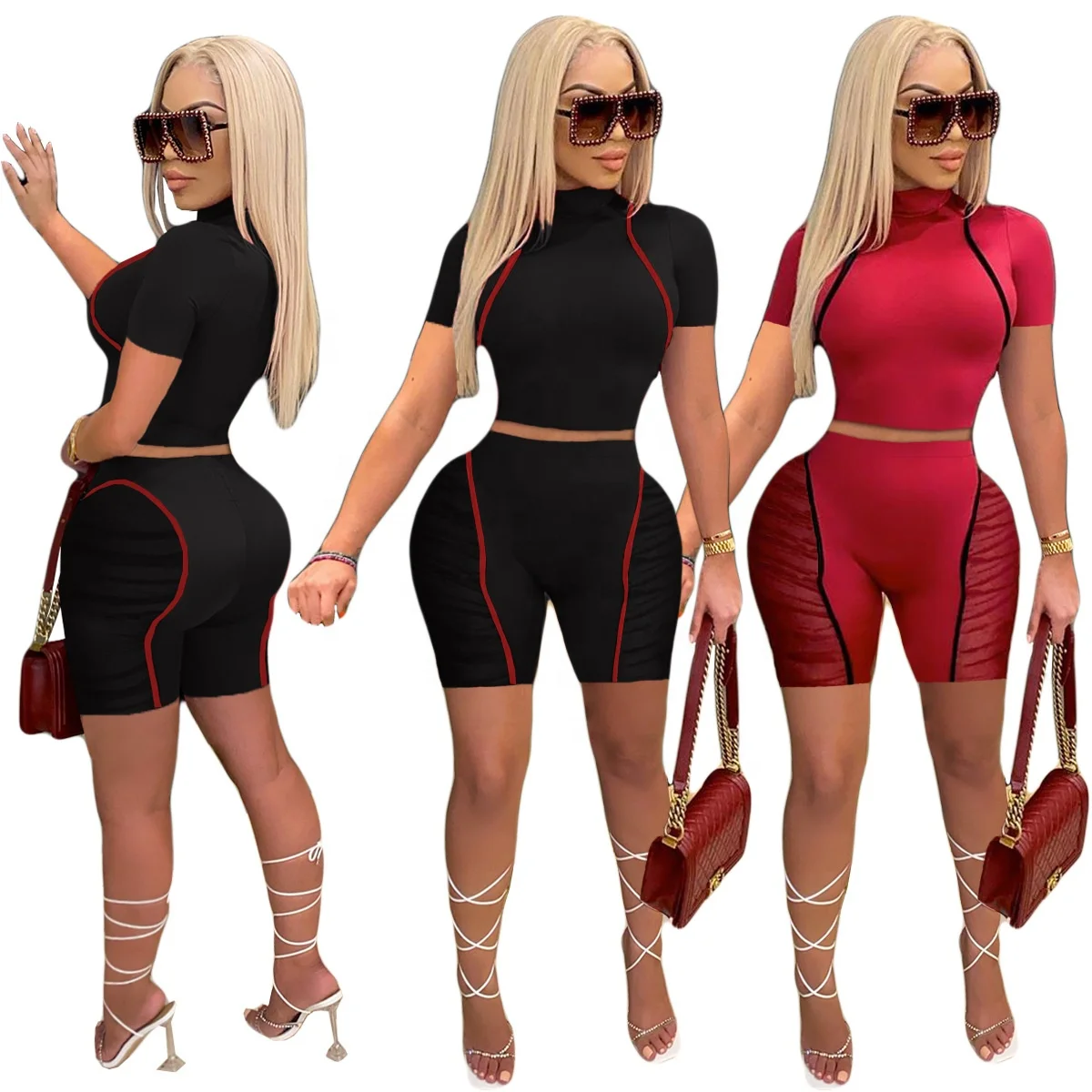 

2021 Summer Women Fashion Clothing Solid Net Stitching Respective Short Sleeve 2 Piece Set Outfit Women Casual Slim Suit