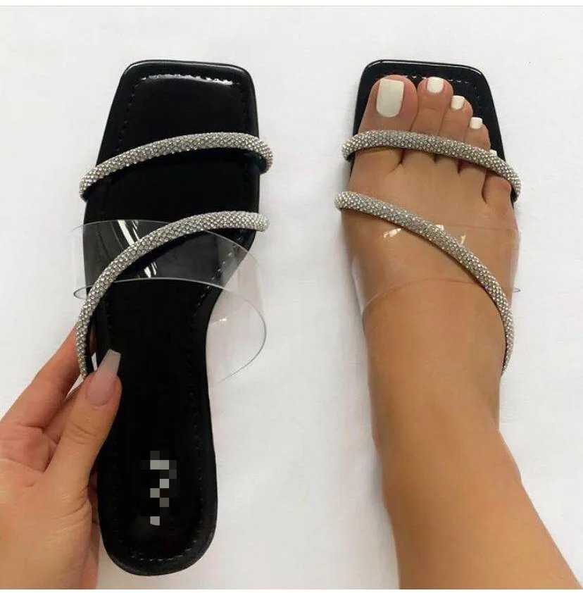 

2021 Factory direct sale hot sale rhinestone new arrivals shoes europe american summer square mouth beach slippers, Black, gold, pink, nude