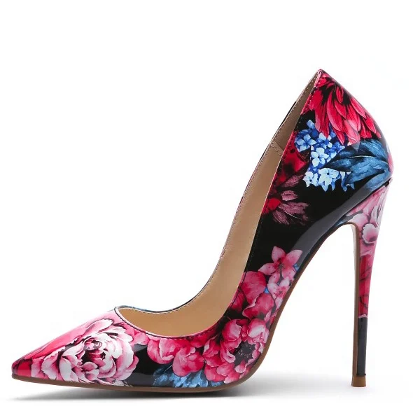 

Patent Leather Flower Print Large Size 45 Women Stiletto Shoes High Thin Heel Pointed toe Pumps LadiesDress Shoes, Yellow red purple blue