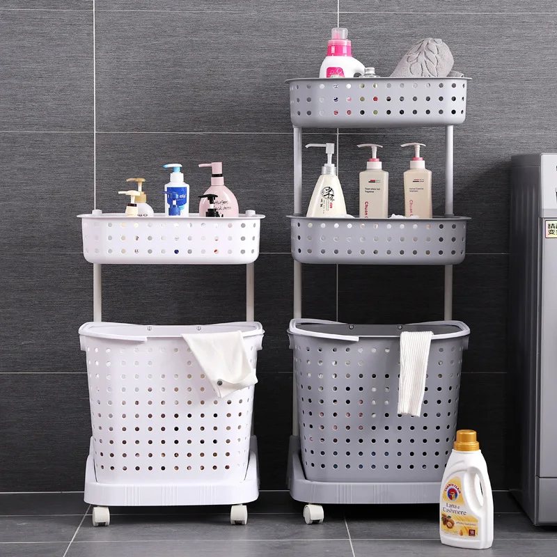 

Cheap Storage Baskets 3-layer plastic bathroom decor storage laundry basket with wheels
