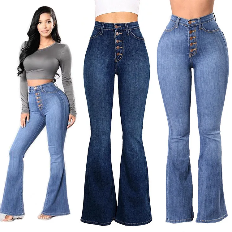 

Blue Flare Skinny Jeans Women High Waist Buttons Denim Pants Trousers Full Length Butt Lifting Casual Jeans Plus Size Femme