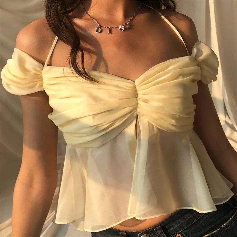

B64320A 2021 summer fashion trend women's new halter neck navel-crop gauze slimming T-shirt