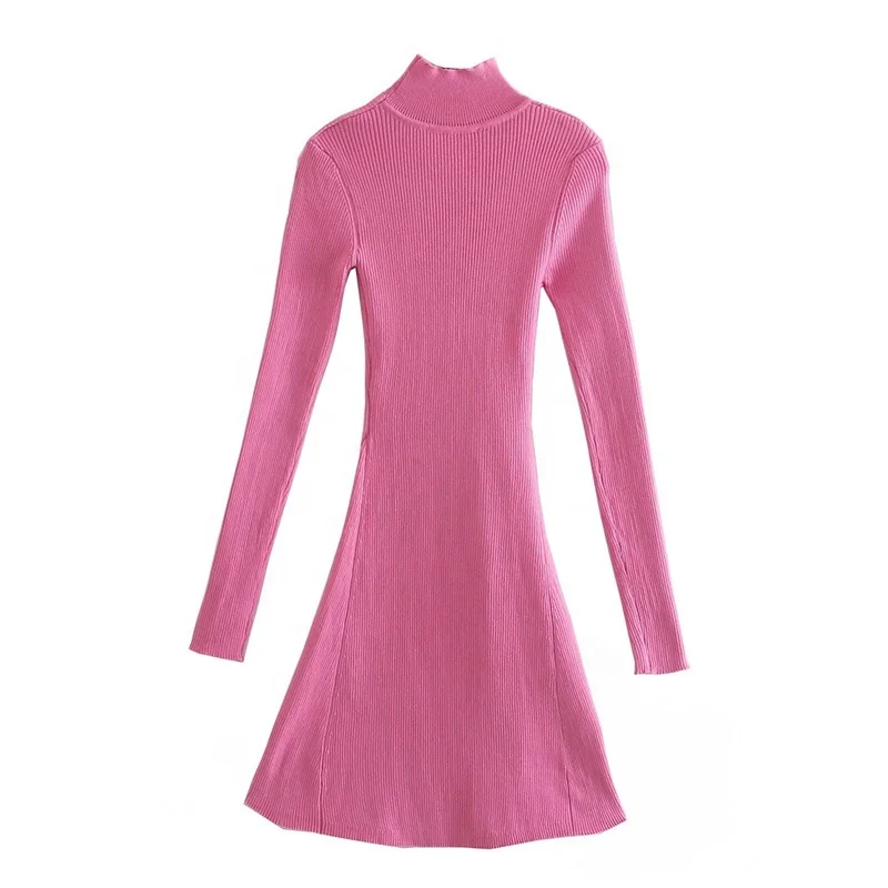 

Women Spring Pink Knit Dress Za 2021 Elegant Turtleneck Long Sleeve Mini Dresses Woman Fashion Front Slit Vintage Sweater