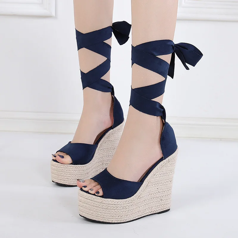 

Ultra high wedge heel faux suede hemp rope women shoes summer fashion platform open toe lace up lady espadrille sandals