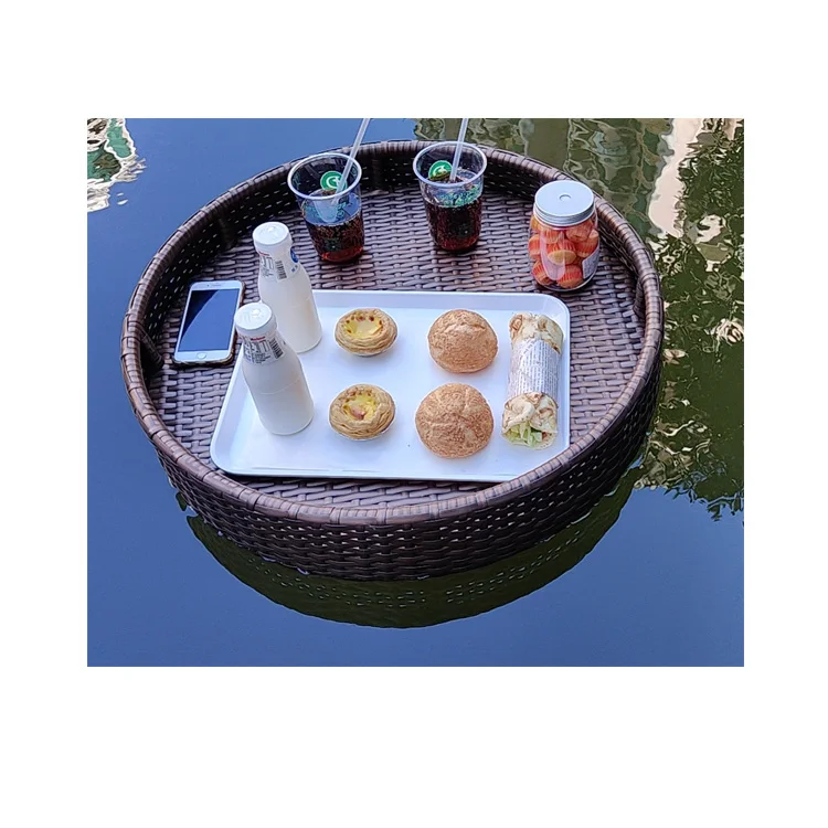 

popular seaside pool swimming drinks food serving tray basket rattan bali floating tray, Black
