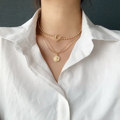 

INS Best Selling Simple Design Golden OT Buckle Bead Chain Necklace Head Pattern Coin Pendant Necklaces