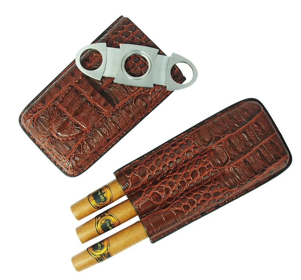 

Handmade 3 CT Travel Croco Leather Cigar Case with Cigar Cutter, Dark brown