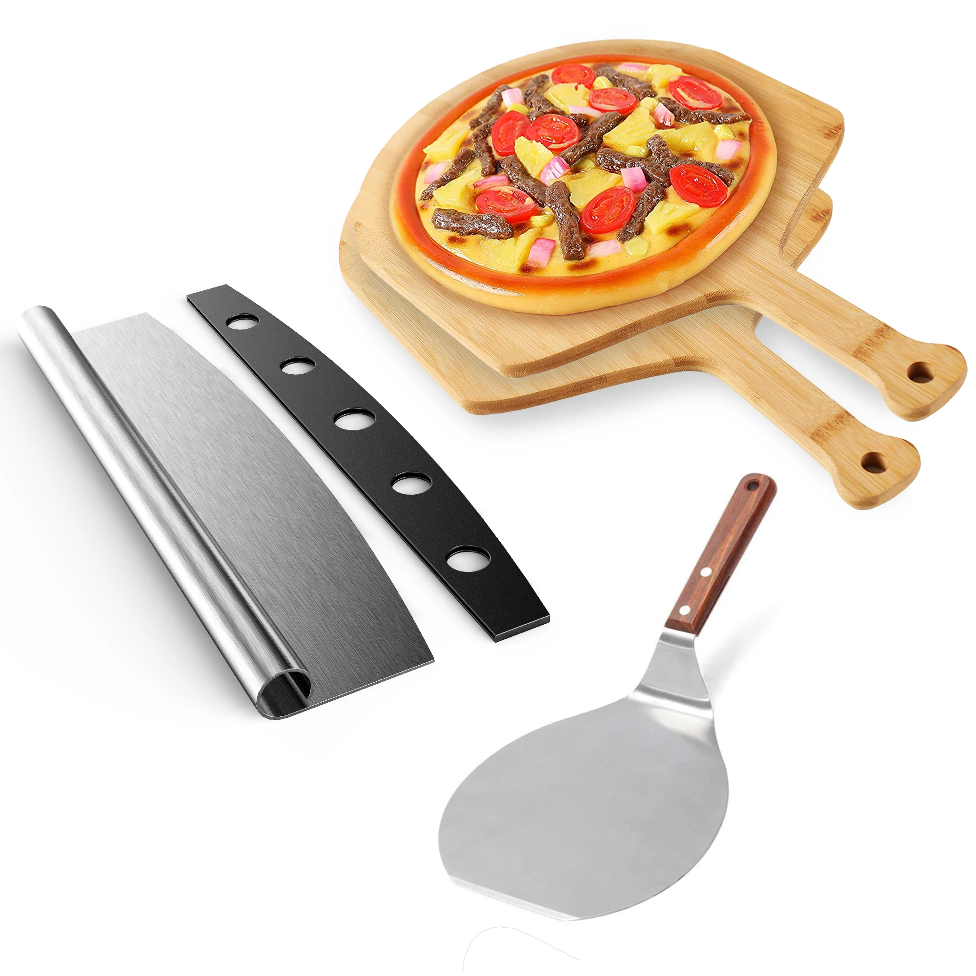 

Premium Pizza Peel and Cutter Set, 12 Inch Bamboo Pizza Paddle Cutting Board Built-in Cutting Guided Grooves, Yellow + slive