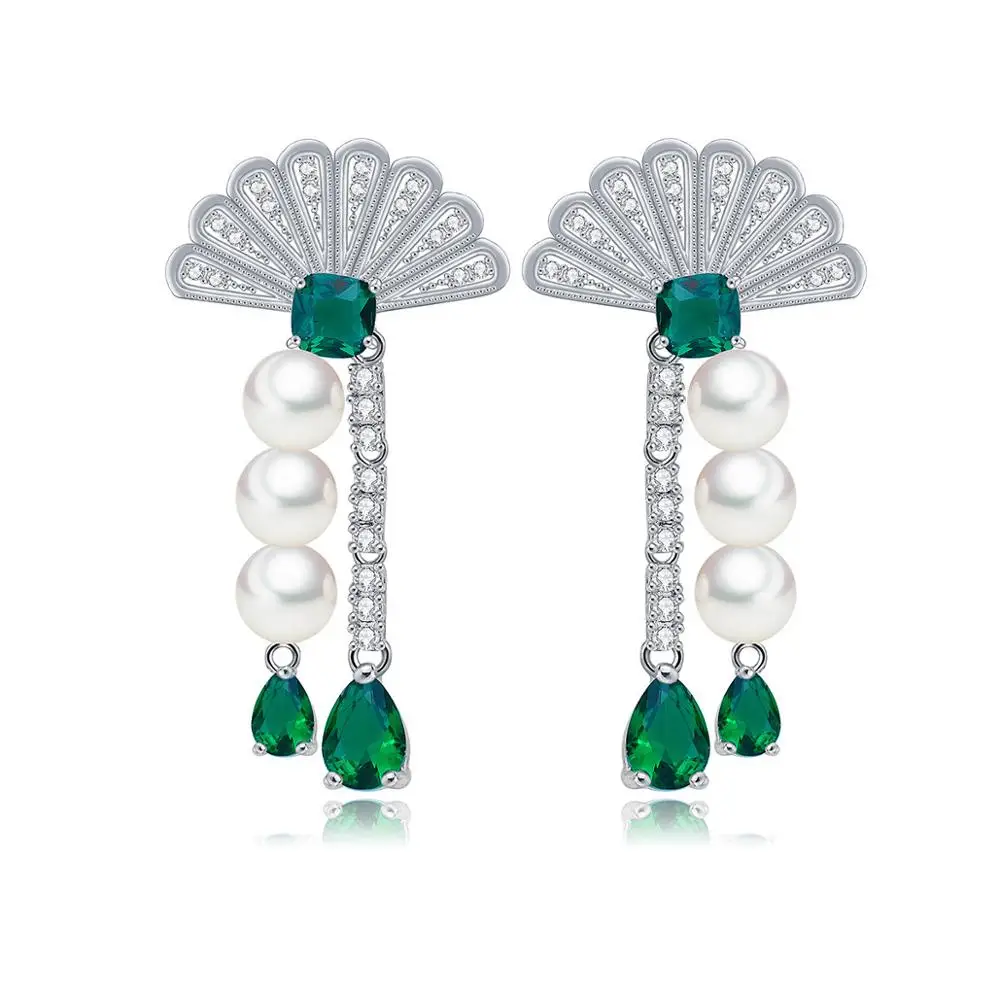 

New Wholesale Platinum Plated White Pearl Beaded CZ Flower Dangle Bridal Earrings, White/green/red