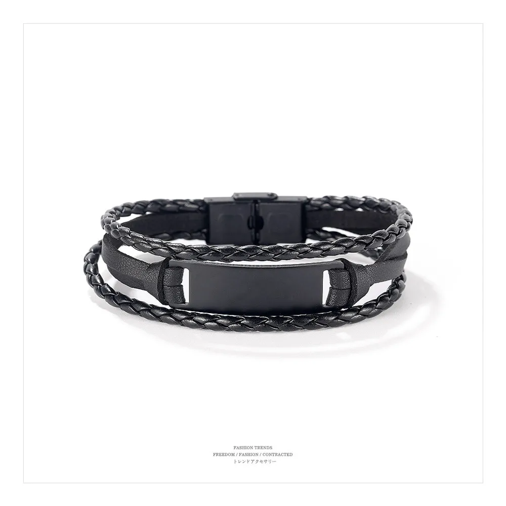 

Factory direct sales cross-border personality fashion bracelet wild men's titanium steel leather bracelet smooth multi-layer wo, 2 colors available