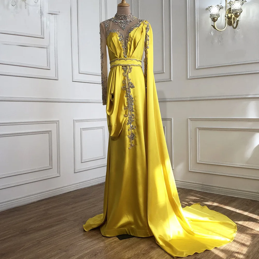 

2021 Solid color satin V-neck fish tail hanging floating piece drag bottom high class Middle Eastern Arabic evening dress, Custom