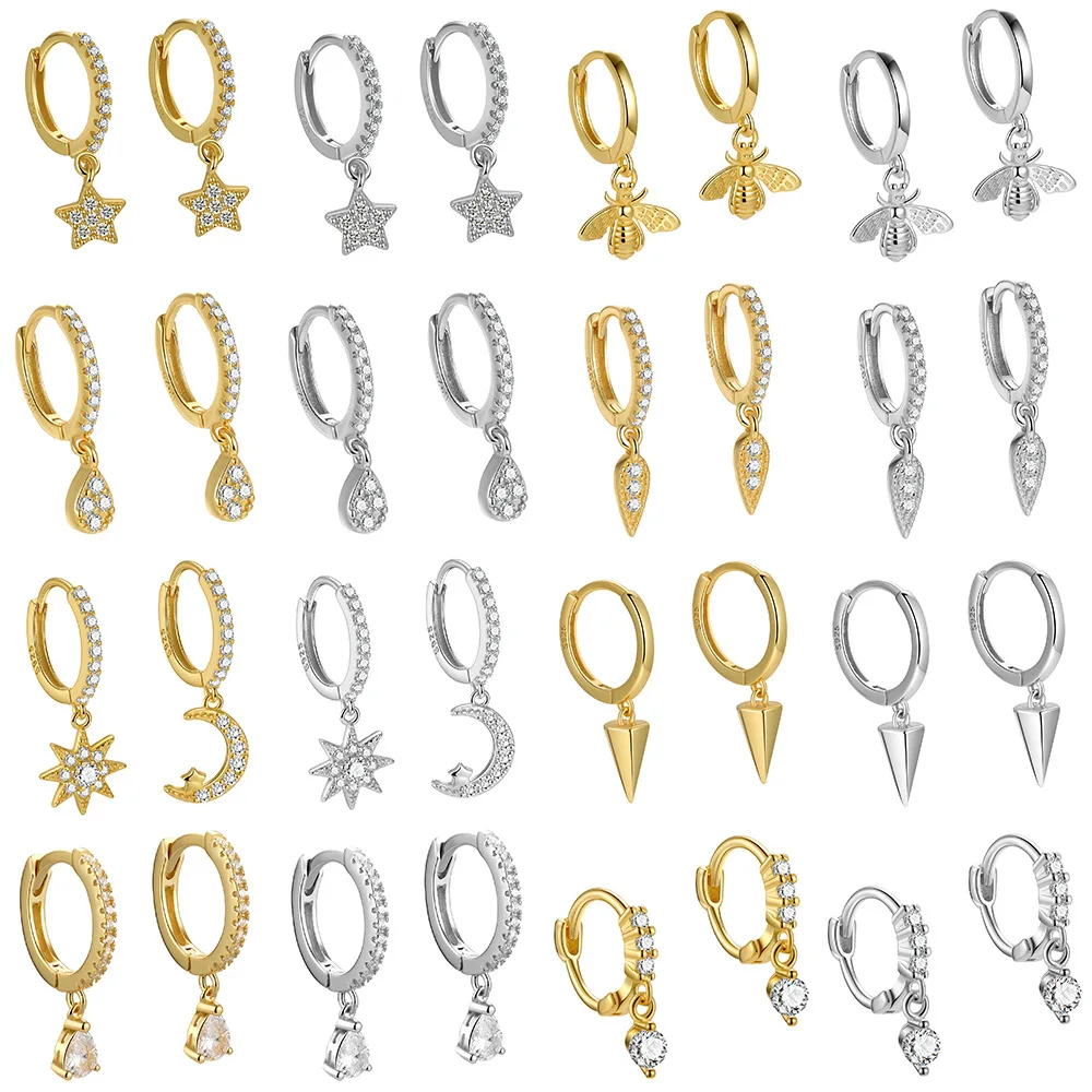 Fashion Earrings Jewelry 925 Sterling Silver Hoop Earrings Moon Star Water Drop 18K Gold Plated Hoop Earrings Women Jewelry