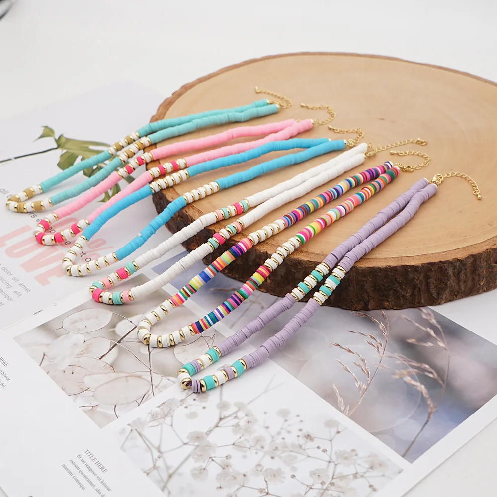 

Vintage Ethnic Handmade Boho Rainbow Polymer Clay Bead Chocker Necklace For Women Femme Jewelry Gift